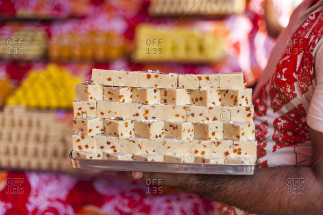 A tray of Indian sweets in a market in Nepal during the festival of Diwali
