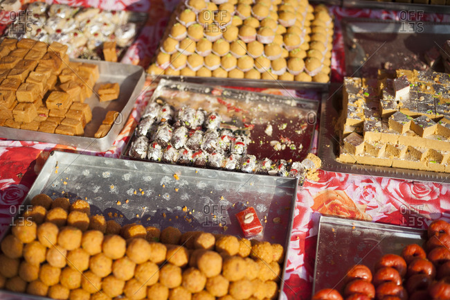 Indian sweets in a market in Nepal during the festival of Diwali