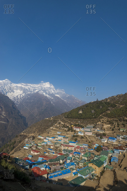 Looking south towards Kongde peak, Namche on the way to Everest Base Camp is the biggest village in the Khumbu region of Nepal