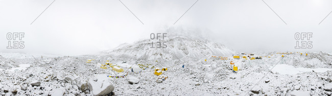 A panoramic view of Everest base camp on the Khumbu glacier in Nepal after a fall of snow