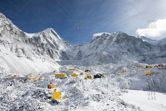 Everest base camp on the Khumbu glacier in Nepal after a fall of snow