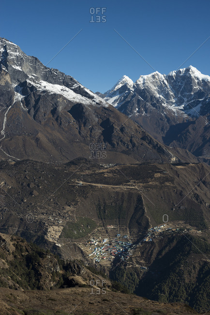 A view of Namche from Kongde with views of Everest, Nuptse and Lhotse in the distance