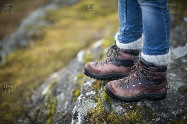 Close up of leather trekking boots in the Cairngorms National Park in Scotland