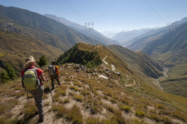 Trekkers make their way east down the Juphal valley in lower Dolpa in west Nepal