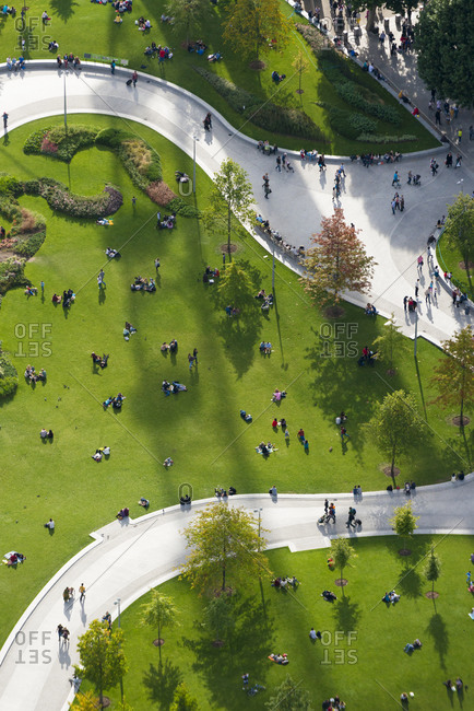 An aerial view of Jubilee gardens beside The London Eye in London