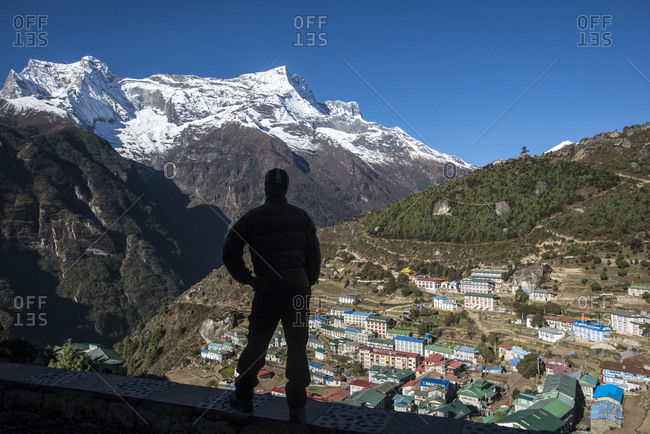 Namche is the main trading center and tourist hub for the Everest region seen here with  Kongde Ri peak a 6,187m mountain in the distance