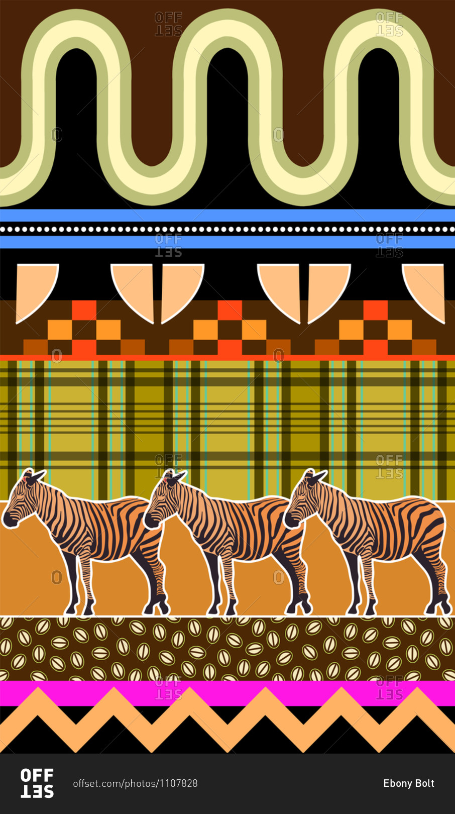 Digitally created illustration of three zebras with\
geometric shapes in the background stock photo - OFFSET