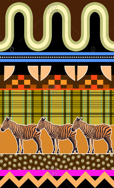 Digitally created illustration of three zebras with geometric shapes in the background