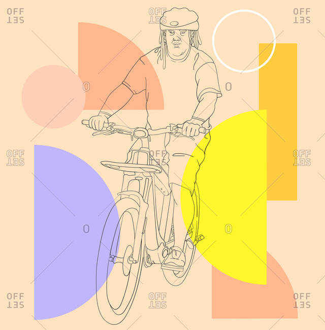 Young man with a beanie and dreadlocks riding a modern hybrid electric bicycle with geometric shapes