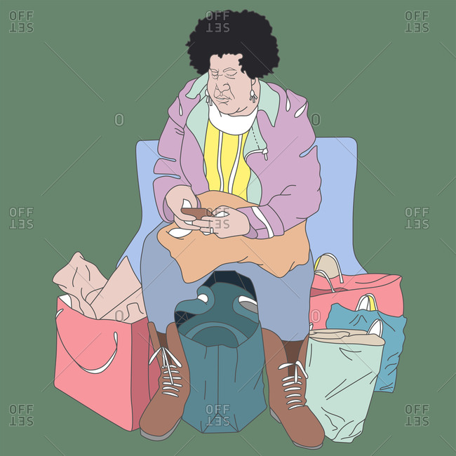 Digital illustration of a middle-aged woman shopper sitting on a chair and typing on her smartphone
