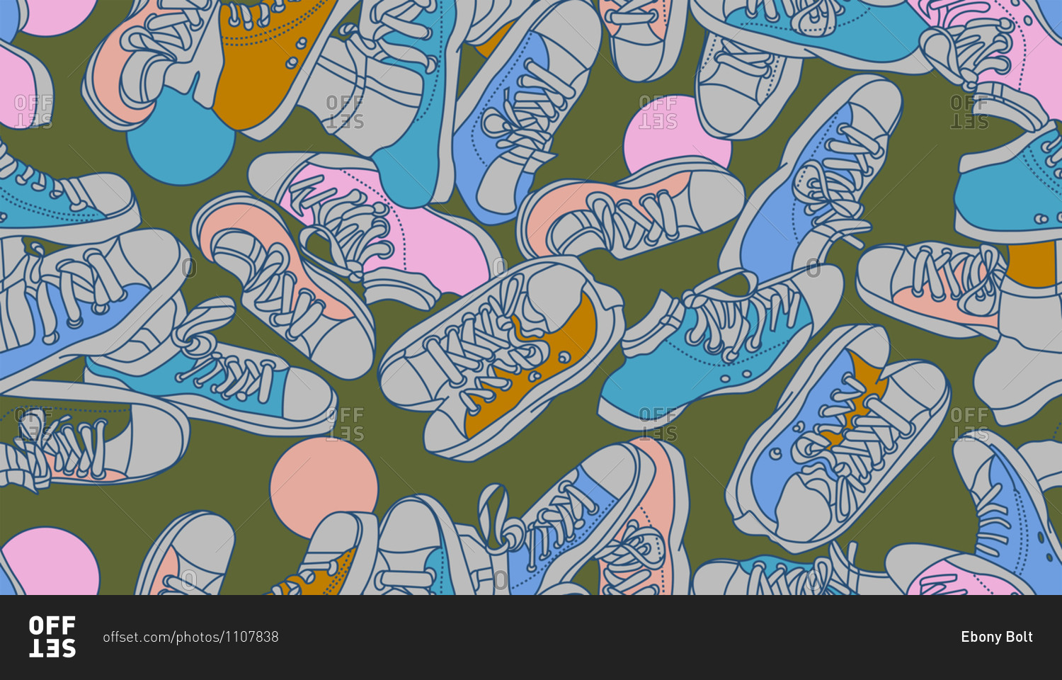 Horizontal digital illustration of several sneakers isolated\
on an olive green colored background stock photo - OFFSET