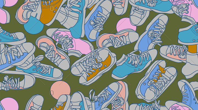 Horizontal digital illustration of several sneakers isolated on an olive green colored background