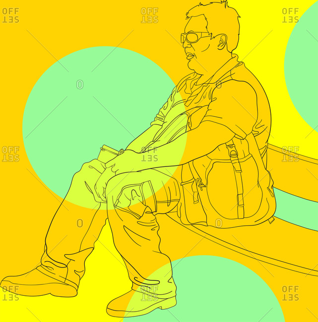 Digital illustration of a middle-aged obese man wearing sunglasses and sitting on a wooden bench while holding a surgical mask in one hand