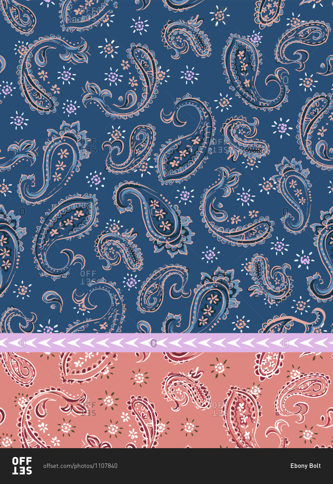 Digital created paisley pattern made on a dark blue and pink\
background stock photo - OFFSET