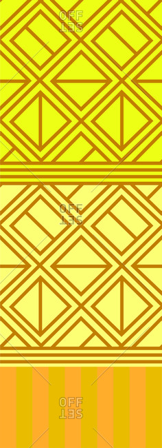 Vertical digital illustration of abstract geometric shapes and lines on a yellow colored background