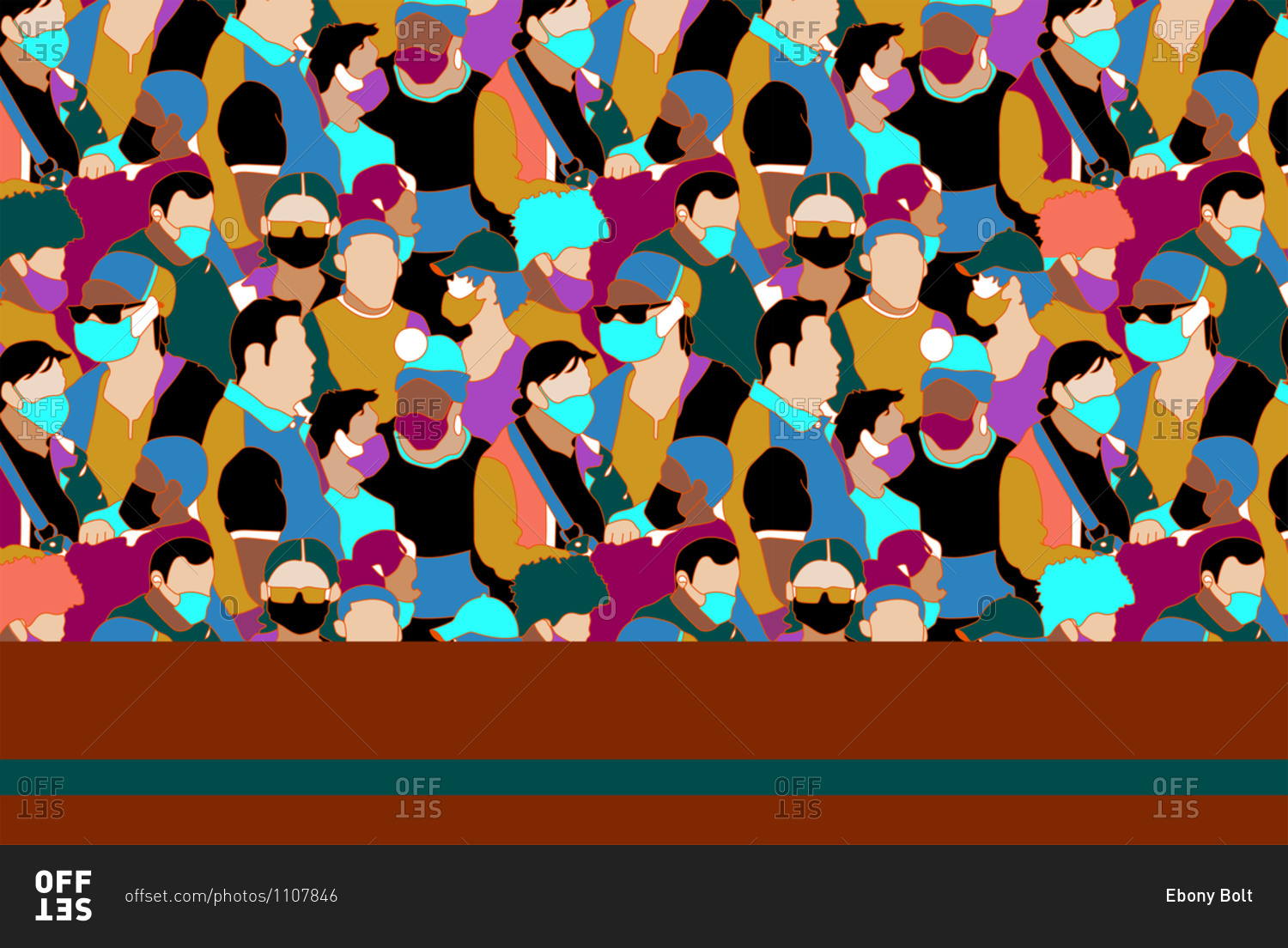 Digital illustration of a crowd people in masks to protect\
themselves from deadly airborne viruses stock photo -\
OFFSET