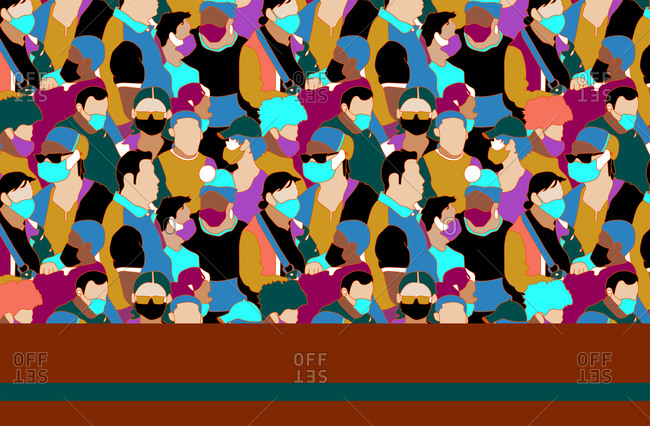 Digital illustration of a crowd people in masks to protect themselves from deadly airborne viruses