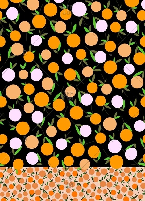Orange motifs tossed on a black background with a contrasting border
