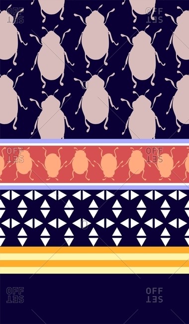 A collage of stripes, bug motifs and geometric shapes on a dark blue background