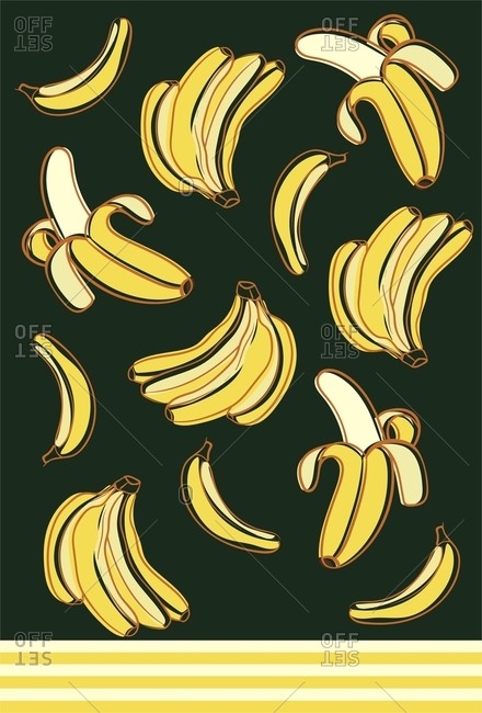 Banana motifs in a tossed layout on a dark background with a stripe border