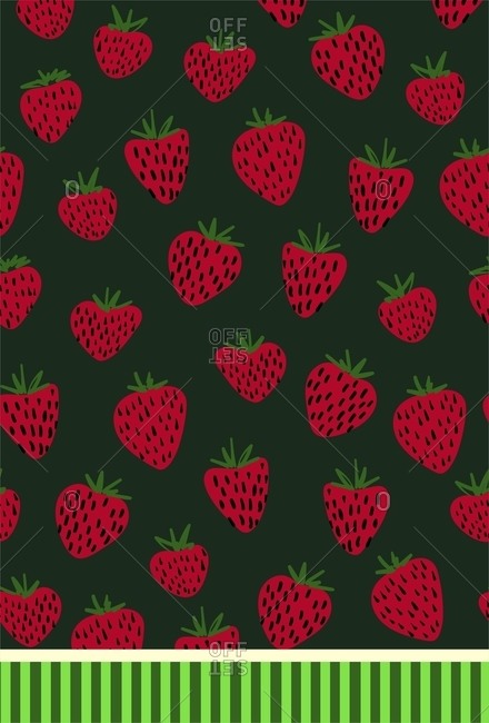 Strawberry motifs on a green background with a vertical and horizontal stripe border