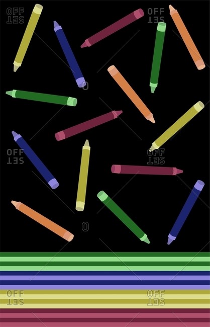 Tossed layout of crayons on a black background with multi-colored stripe background