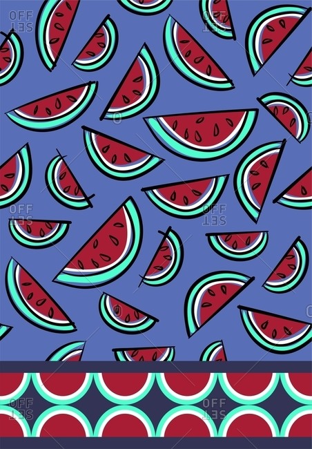Watermelon slices on a blue background with a contrasting geometric border.