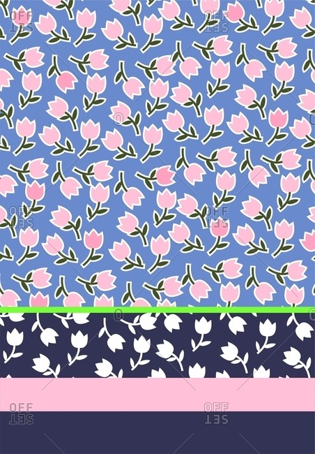Tossed tulip motifs with a stripe border