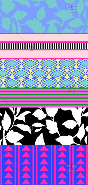 Different patterns of florals, geometric shapes and stripes in a bright color palette