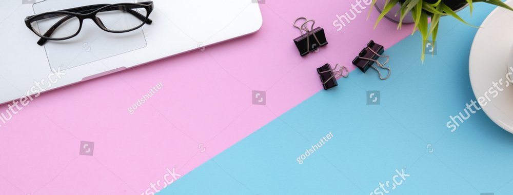 Flat lay of top view modern desk blue&pink pastel color tone work table dimention ratio for facebook cover page