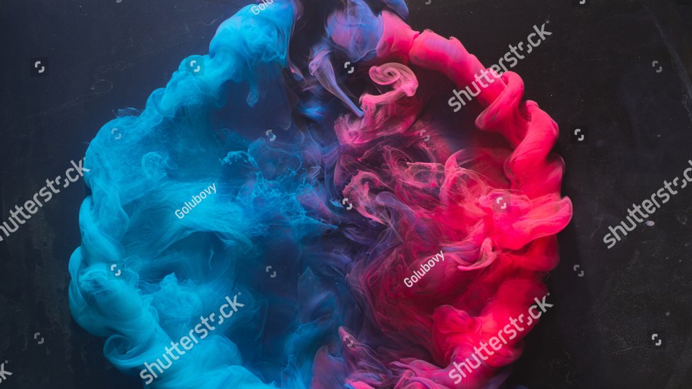 Ink water explosion. Harmony balance. Blue pink acrylic paint spill. Abstract art background.