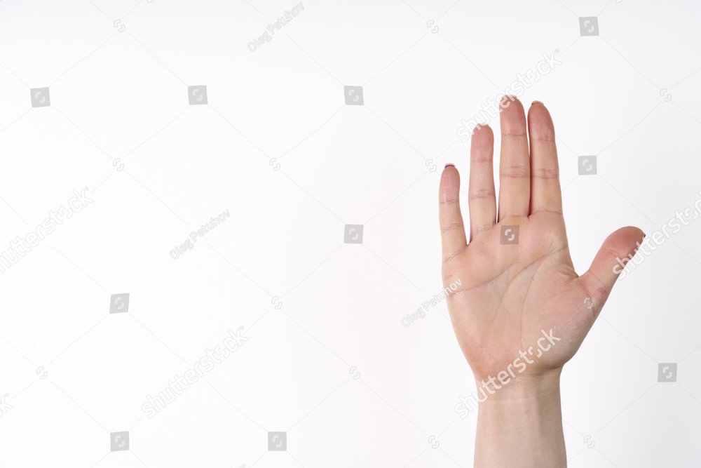 Female hand extended in greeting isolated on white. Number five.