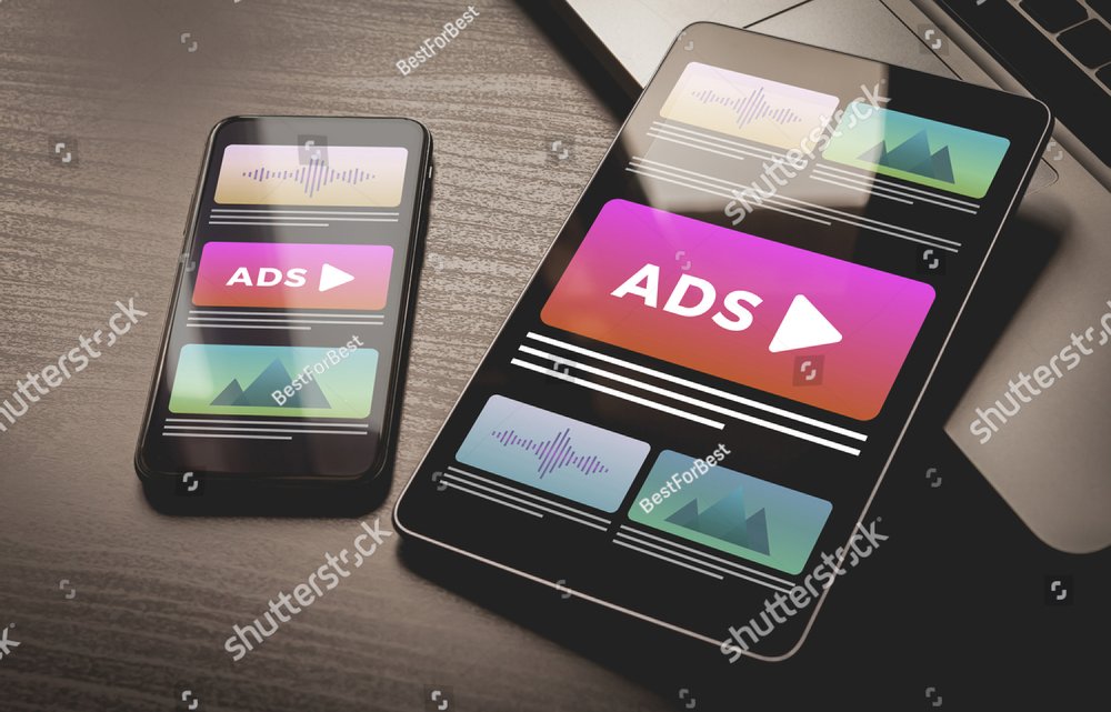 Programmatic Advertising concept. Youtube Online native targeting ads marketing strategy. Inbound Advertising media banner block when viewing a site on a mobile phone and tablet pc screens