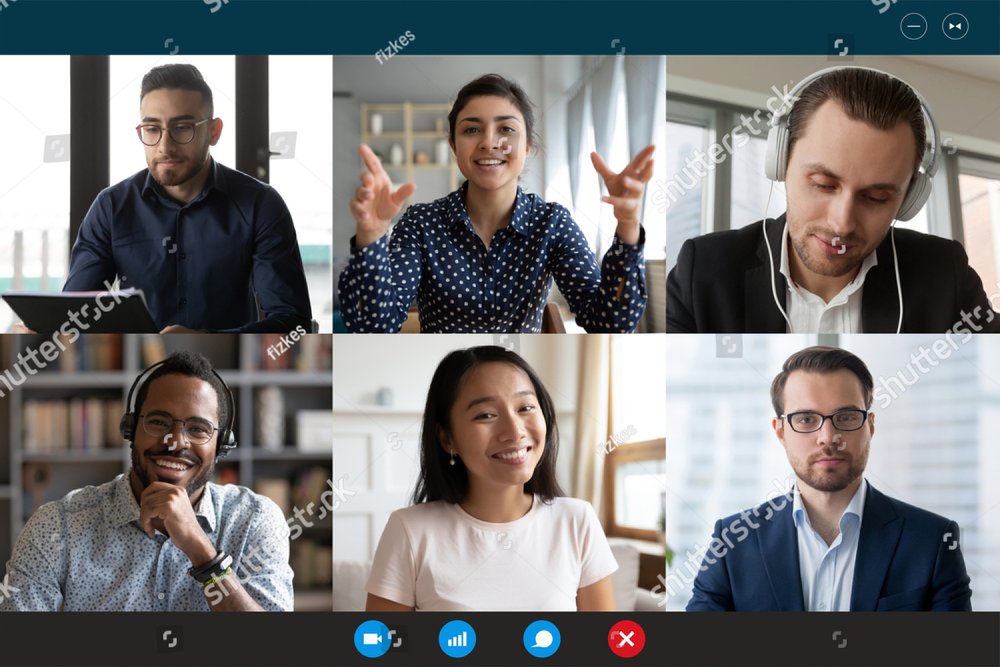 Team working by group video call share ideas brainstorming negotiating use video conference, pc screen view six multi ethnic young people, application advertisement easy and comfortable usage concept