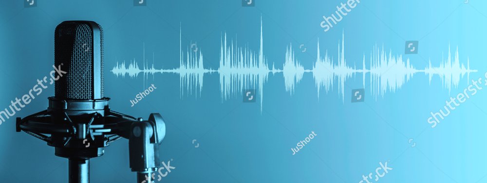 Professional microphone with waveform on blue background banner, Podcast or recording studio background