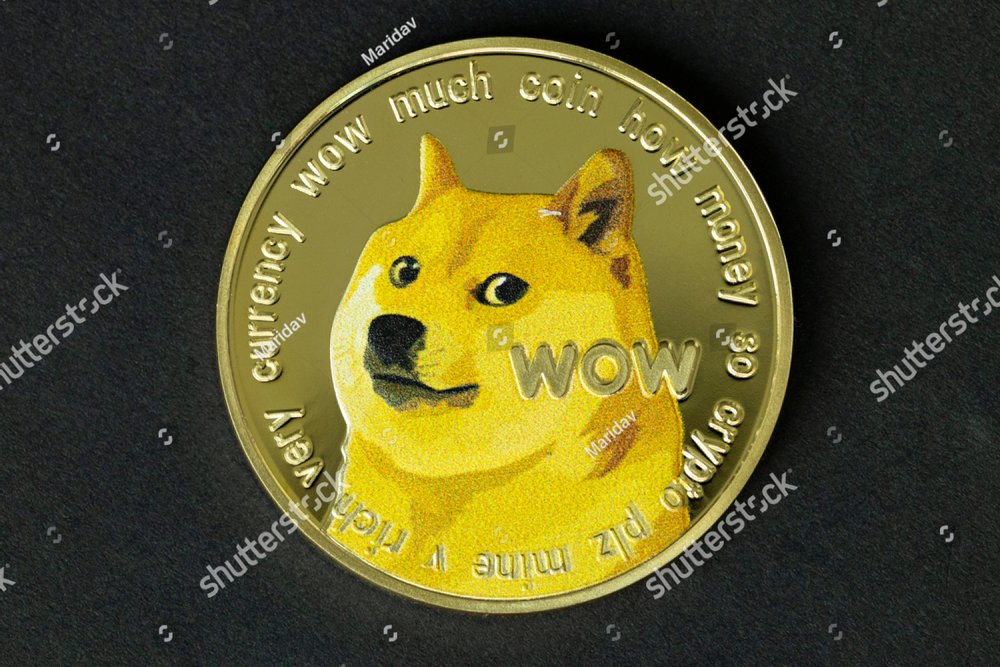 Dogecoin cryptocurrency - photo of Dogecoin crypto currency physical gold coin. Symbol of the doge meme coin