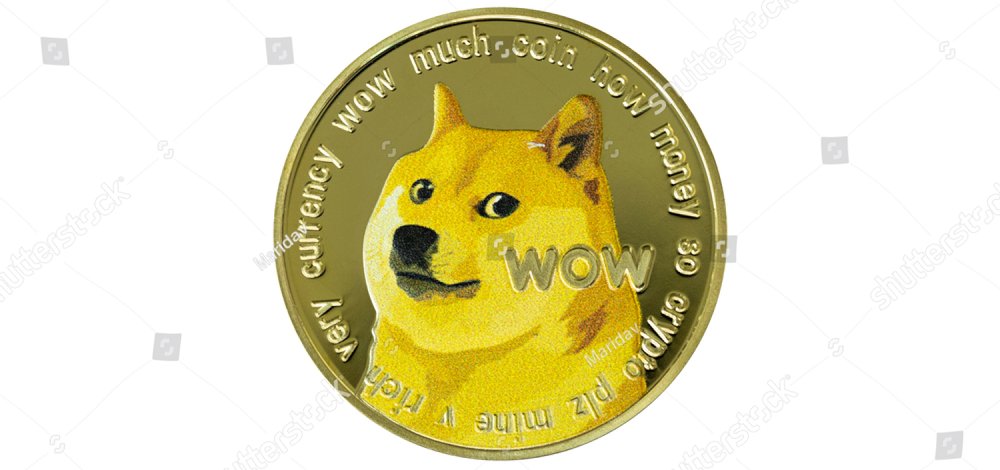 Dogecoin cryptocurrency isolated on white background - photo of Dogecoin crypto currency physical gold coin. Symbol icon of the doge meme coin.