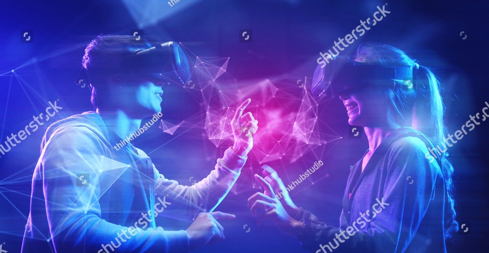 Future digital technology cyber virtual game entertainment metaverse, Teenager having fun play game VR virtual reality goggle, sport game 3D cyber space futuristic metaverse NFT game background, 