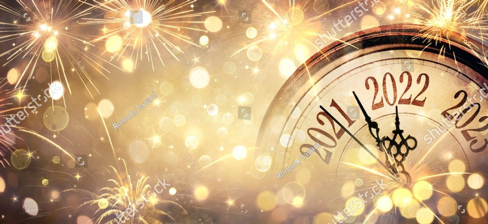 2022 New Year - Clock And Fireworks - Countdown To Midnight  - Golden Abstract Defocused Background