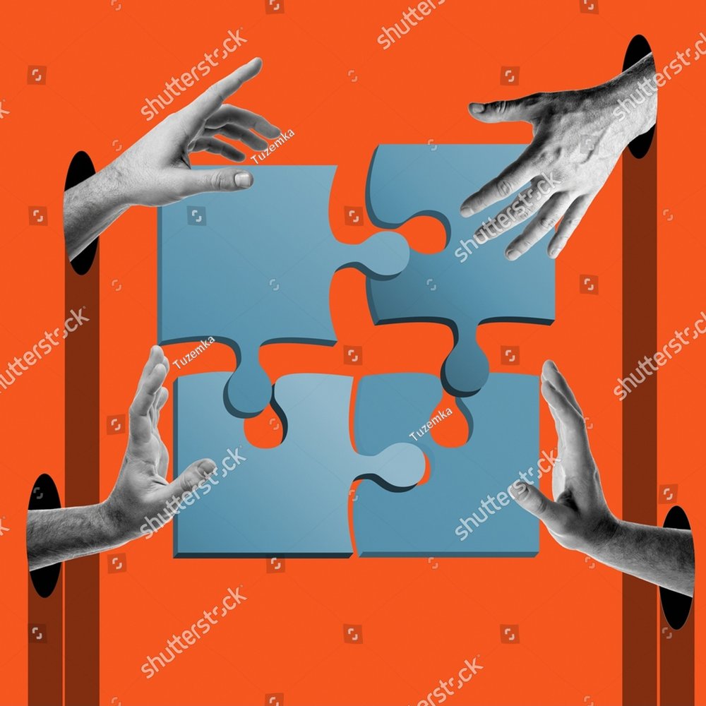 Abstract human hands put together puzzle, contemporary collage. Teamwork, business, collaboration, problem solving concept. 