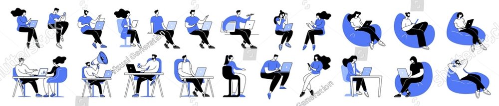 Conjunto de ilustraciones vectoriales lineales de personas aisladas con computadoras en el lugar de trabajo de videoconferencia virtual llamada y reunión. Diversos hombres y mujeres con laptops en el trabajo remoto en la comunicación de negocios en línea