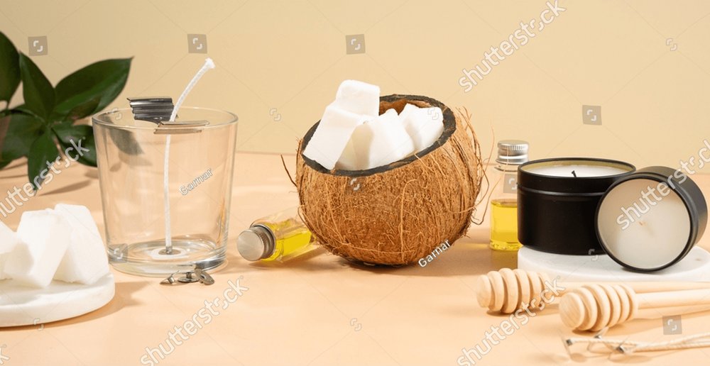 Set for homemade natural eco-friendly coconut wax candles, wick, perfume,  aroma oil. Candle making utensils.Trendy diy candles to health on beige  background.Copy space.Cruelty-free vegan product. Background Stock Photos