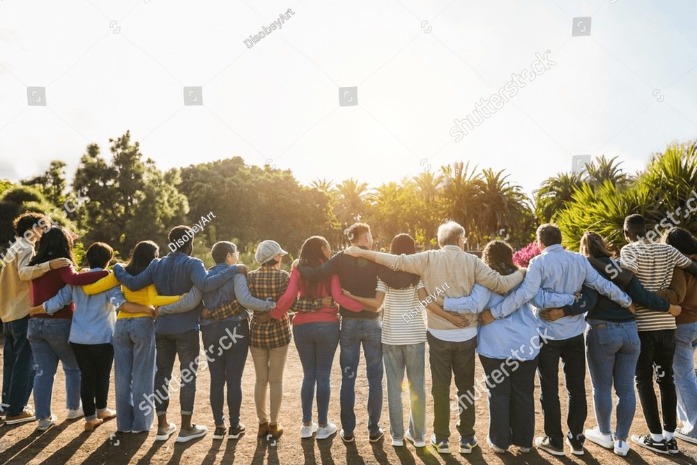 Grupo de personas multigeneracionales abrazándose entre sí - Concepto de apoyo, multirracial y diversidad - Enfoque principal en el hombre de edad con pelos blancos