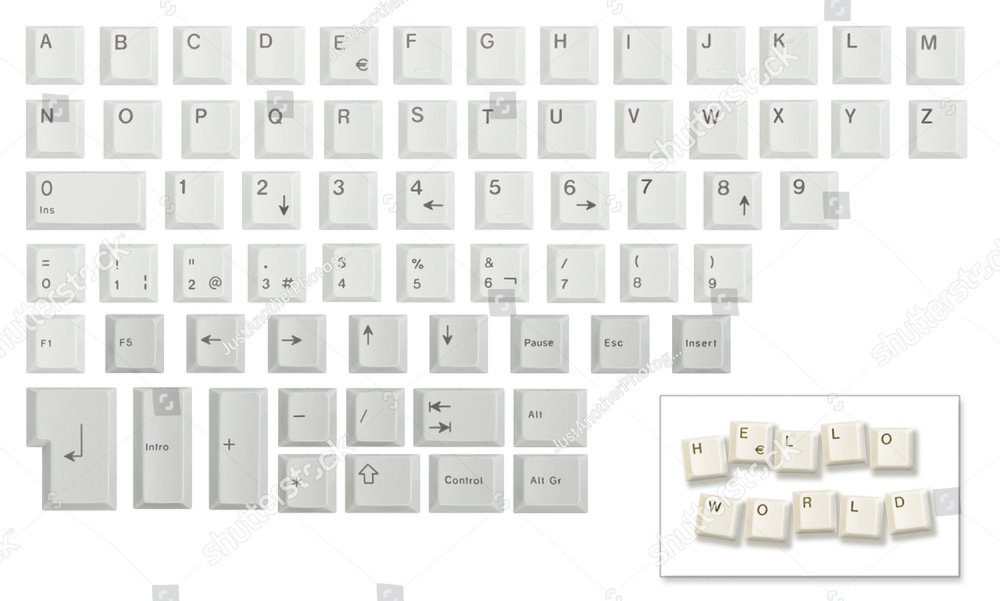 Alphabet, numbers and some other keyboard keys shot individually then cropped and combined in a single image, isolated on white. Meant as a design resource to compose messages.
