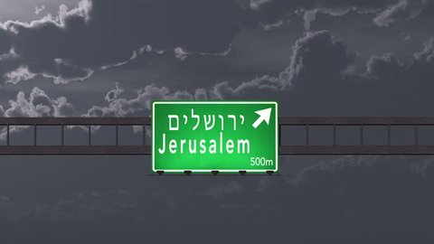 4K Passing under Jerusalem Israel Highway Road Sign at Night Photo Realistic 3D Animation with Matte 4K 4096x2304 ultra high definition