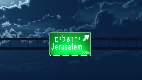 4K Passing under Jerusalem Israel Highway Road Sign at Night Photo Realistic 3D Animation with Matte 4K 4096x2304 ultra high definition