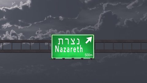 4K Passing under Nazareth Israel Highway Road Sign at Night Photo Realistic 3D Animation with Matte 4K 4096x2304 ultra high definition