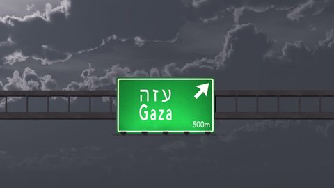 4K Passing under Gaza Israel Highway Road Sign at Night Photo Realistic 3D Animation with Matte 4K 4096x2304 ultra high definition
