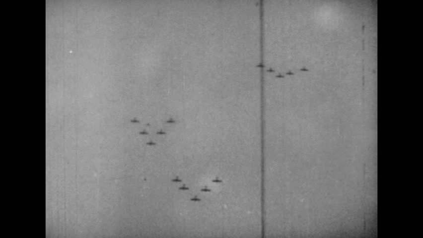 UNITED STATES 1940s: Views of Japanese planes flying over Hawaii / Pan of Pearl Harbor, wreckage.