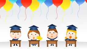 Cartoon animation of school students happy graduation celebration party event. Boys and girls wearing bachelor's degree cap and gown. Balloons decoration and falling confetti. Cute wiggling character.